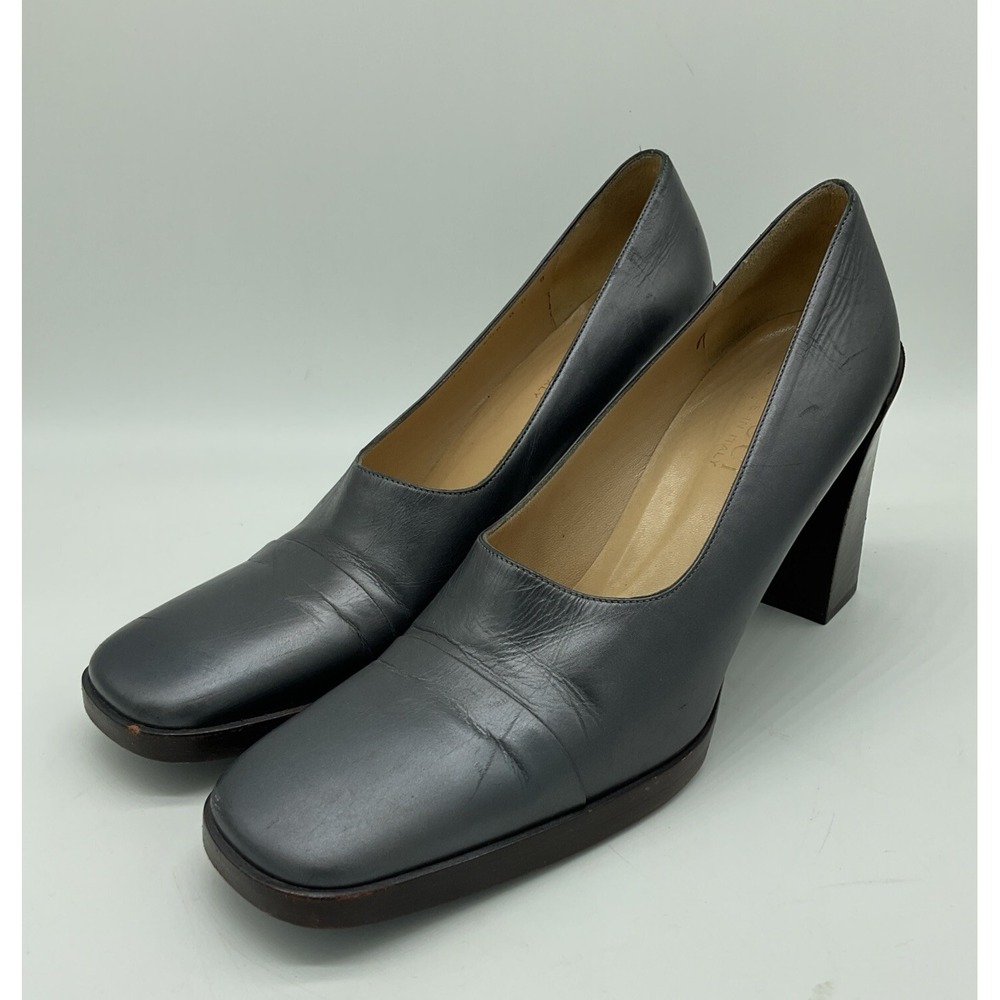 Vintage Gucci Leather Pumps US 9 B Silver Square Toe Block Chunky Heels